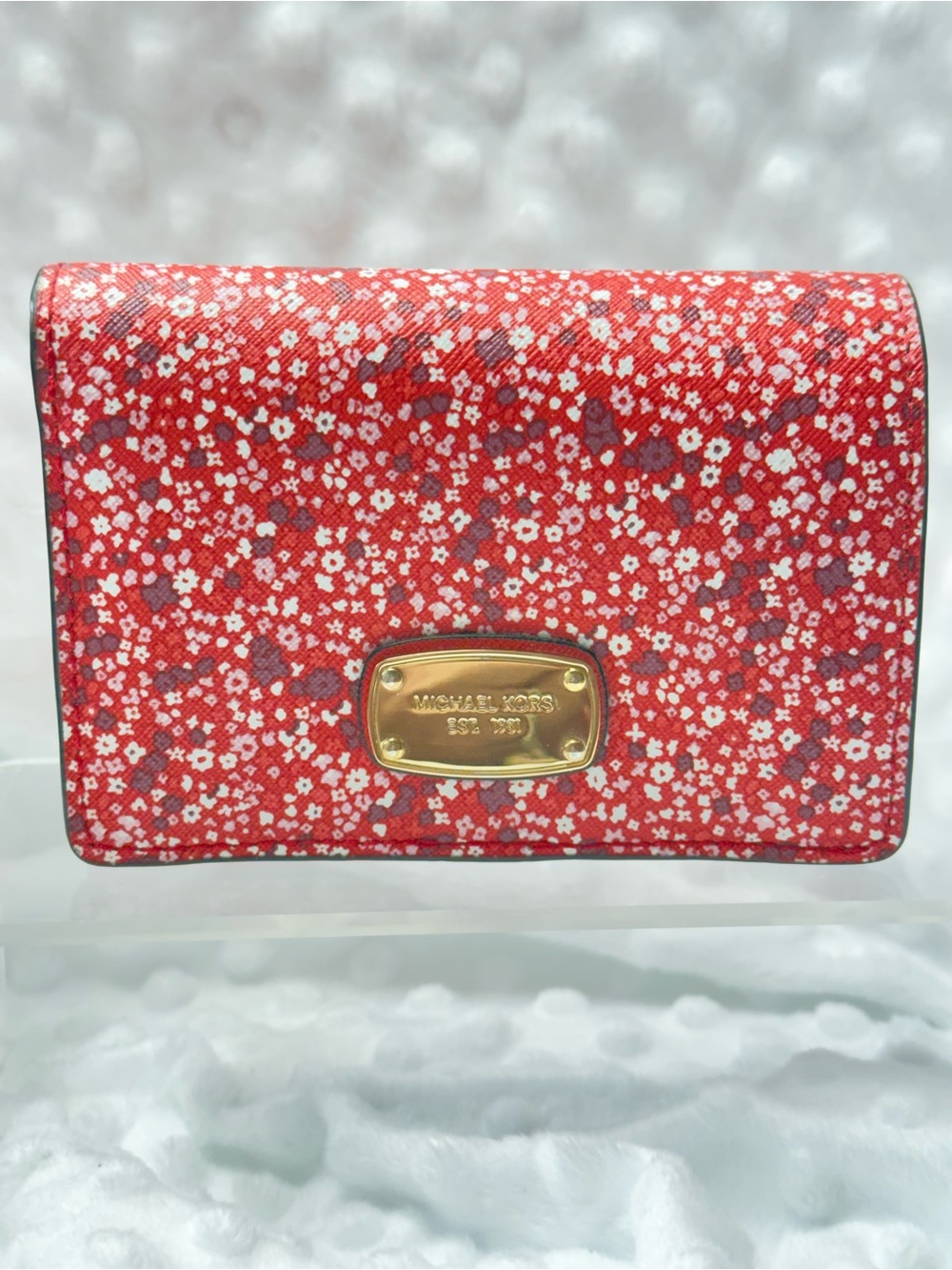 Michael Kors Red Cherry Blossom Leather Wristlet Clutch with Gold plaque